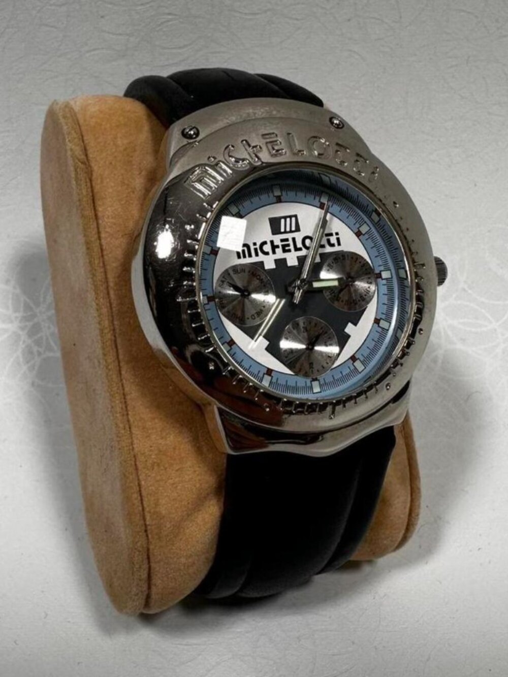 VINTAGE MICHELOTTI CHRONOGRAPH WATCH BLACK LEATHER SILVER OVERSIZED STATEMENT PI